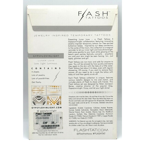 Flash Tattoos Lunar Love Authentic Metallic Temporary Tattoos 4 Sheet Pack - Picture 8 of 12